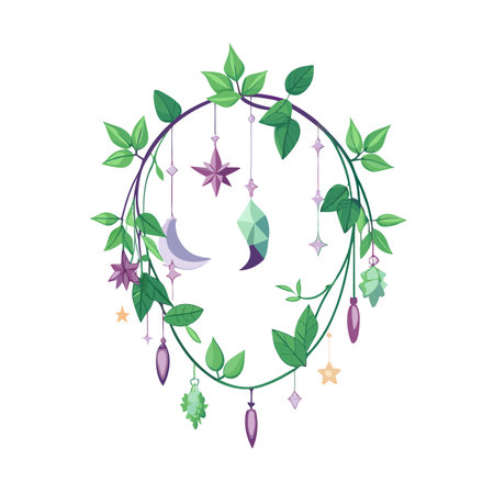 Vector Floral Wreath with Moon Star and Gemstone Ornaments for Magical Decorのイラスト素材