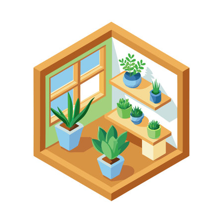 Isometric Room with Plants: Modern Interior with Greenery and Natural Light Conceptのイラスト素材