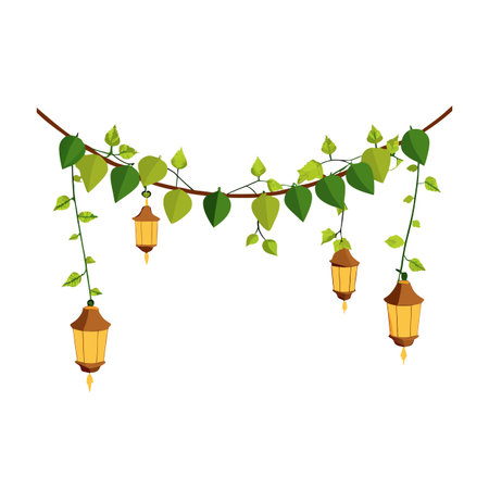 Decorative vine garland with hanging lanterns illustration for festive celebrations and outdoor decorationsのイラスト素材