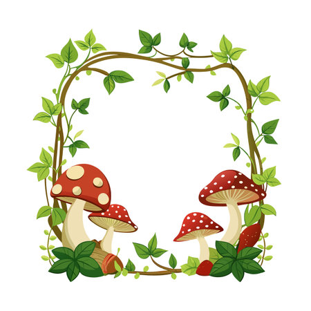 Whimsical woodland frame featuring vibrant mushrooms and leafy vines, perfect for fairy-tale themed designs.のイラスト素材