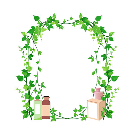 Botanical Wreath Frame with Skincare Product Bottles in Flat Design Vector Illustrationのイラスト素材