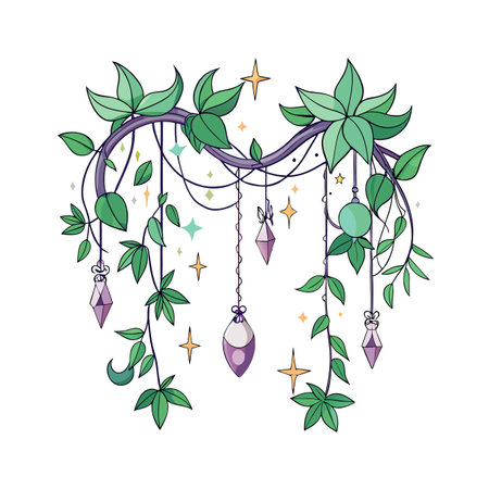 Botanical Branch with Decorative Crystals and Stars, Cartoon Style Illustration on White Backgroundのイラスト素材