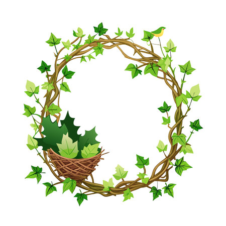 Vibrant Wreath of Vines, Ivy Leaves, Bird and Nest on a White Backgroundのイラスト素材