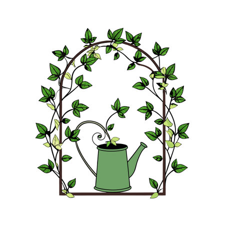 Green watering can framed by a foliage archway against a white backgroundのイラスト素材
