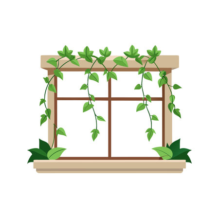 Window with Vines: Illustration of a window frame with climbing vines and leavesのイラスト素材
