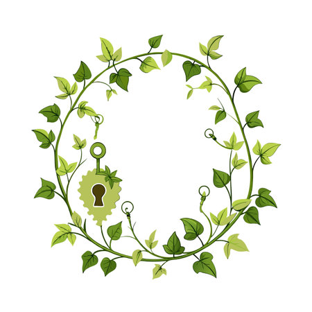 Elegant foliage wreath with keyhole and key, whimsical and charming design elementのイラスト素材