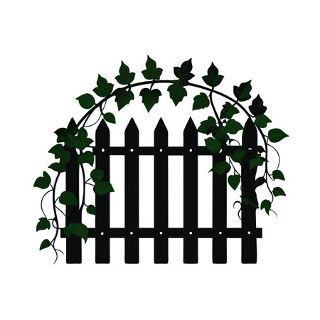 Stylized graphic of a black picket fence adorned with green ivy vines and leavesのイラスト素材