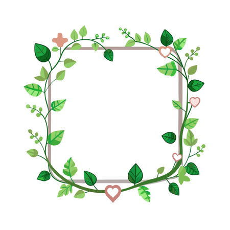 Elegant square floral frame with leaves, hearts and flowers, perfect for wedding or spring designsのイラスト素材
