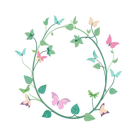 Butterfly and floral frame illustration featuring whimsical butterflies and delicate leaves in a circular designのイラスト素材