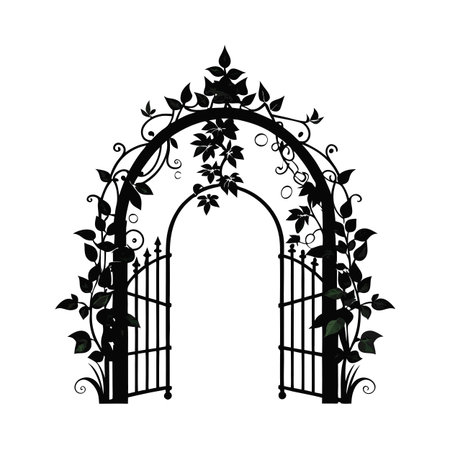 Elegant black silhouette of an ornate garden gate archway covered with leaves and floral accentsのイラスト素材