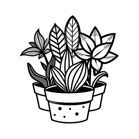 Hand drawn potted plants with flowers and decorative leaves illustration for minimalist design.のイラスト素材