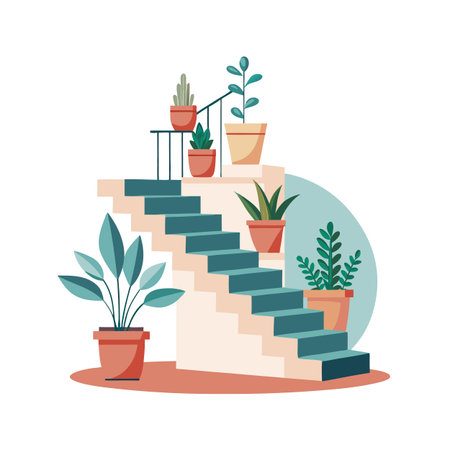 Indoor staircase illustration with various potted plants, set against a white background.のイラスト素材