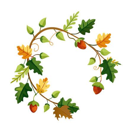 Autumn wreath of leaves and acorns in warm seasonal colors on white backgroundのイラスト素材