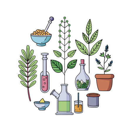 Botanical Elements and Scientific Equipment Arranged in a Circular Composition on White Backgroundのイラスト素材