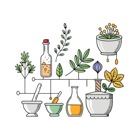 Botanical laboratory flat illustration with plants, mortar, bottles and herbs, science and medicineのイラスト素材