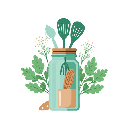 Kitchen Utensils in Glass Jar surrounded by Greenery, Concept of Eco-Friendly Kitchenのイラスト素材