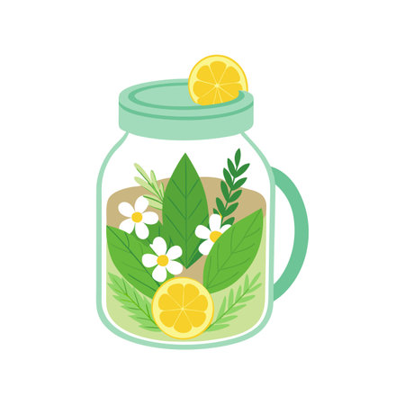 Refreshing lemon and floral drink in mason jar, summer beverage concept illustrationのイラスト素材