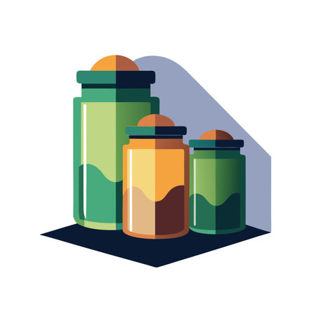 Three stylized jars in green and yellow hues against a muted blue backdrop.のイラスト素材
