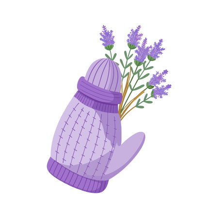 Lavender Bouquet in a Knitted Mitten: Charming Floral Still Life Illustrationのイラスト素材
