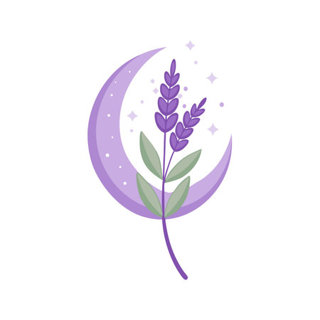 Lavender flower with moon illustration with light purple tones and simple flat graphicsのイラスト素材