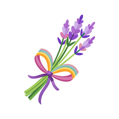 Charming Lavender Bouquet with Colorful Ribbon: A Delightful Vector Illustrationのイラスト素材