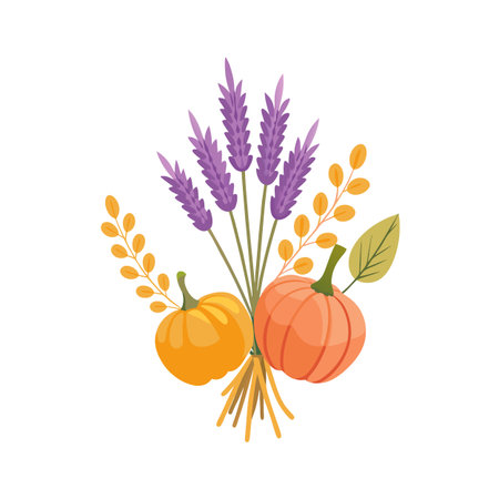 Autumn Harvest Still Life: Pumpkins and Lavender Bouquet Illustrationのイラスト素材