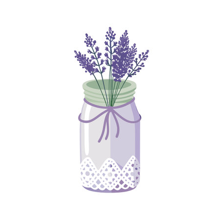 Charming lavender bouquet in a mason jar with lace and ribbon detail, vector styleのイラスト素材