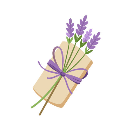 Delicate lavender bouquet tied with ribbon on craft paper, simple, elegant design elementのイラスト素材