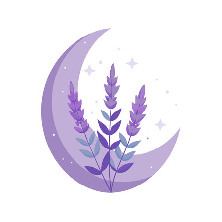 Lavender Sprigs with Crescent Moon and Stars, Flat Design Illustration, Purple Color Paletteのイラスト素材
