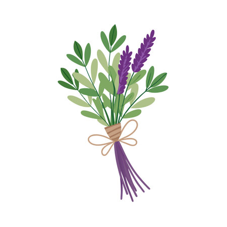 Illustration of a delicate bouquet of lavender and green leaves tied with ribbonのイラスト素材
