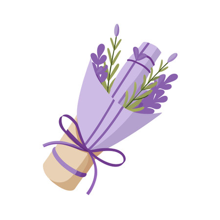 Elegant Bouquet of Lavender Flowers Wrapped in Paper with a Bow, a Vector Illustrationのイラスト素材