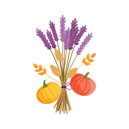 Autumn harvest vector illustration with pumpkins, lavender and fall leaves on white backgroundのイラスト素材