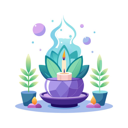 Relaxing Spa Scene with Candle, Plants, and Aromatherapy for Meditation and Wellnessのイラスト素材