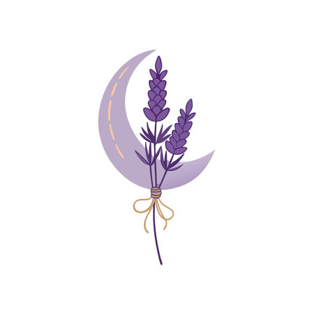 Stylized lavender bouquet with moon crescent in pastel shades, isolated on white backgroundのイラスト素材
