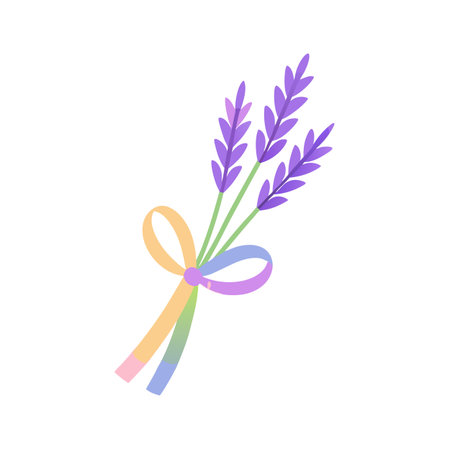 Illustration of a Lavender Bouquet Tied with a Ribbon on a White Backgroundのイラスト素材