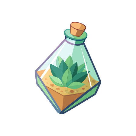 Stylized Terrarium Illustration: Geometric Glass Container with Succulent Plant and Sandのイラスト素材