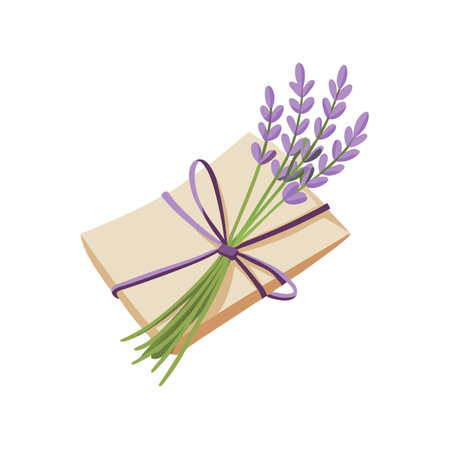 Stylized illustration of lavender sprigs tied with a ribbon on top of a brown packageのイラスト素材