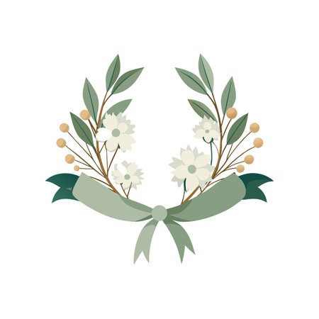 Elegant floral wreath with pastel ribbon, perfect for wedding invitations or decorative design elementsのイラスト素材