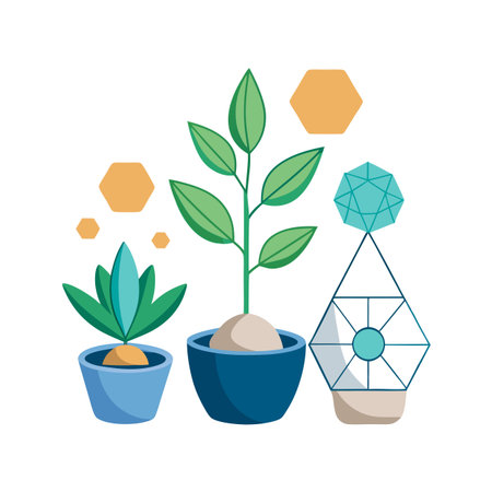 Stylized botanical arrangement featuring potted plants and geometric shapes on a white backgroundのイラスト素材