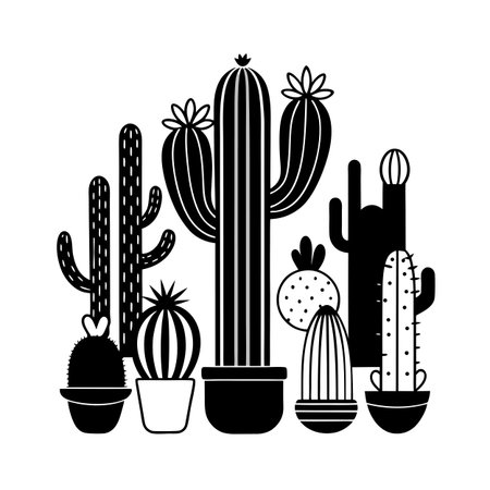 Black and White Cacti Collection in Pots: A modern monochrome illustration of various cactiのイラスト素材
