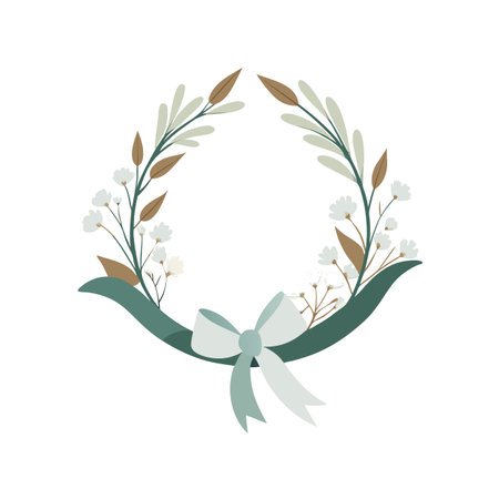 Elegant Floral Wreath Illustration with Delicate White Flowers and a Pastel Green Ribbonのイラスト素材