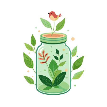 Illustration of a plant growing in a jar with a bird on topのイラスト素材