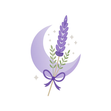Lavender sprig with crescent moon and sparkling stars, tied with a ribbon bowのイラスト素材