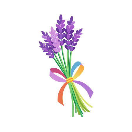 Charming Bouquet of Lavender with Colorful Ribbon, Simple Illustration for Floral Designsのイラスト素材