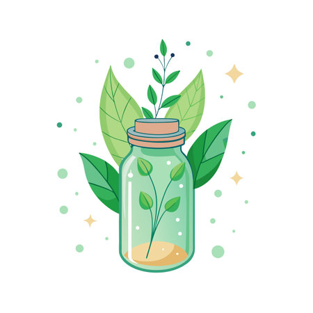 Jarred Plant: A Vector Illustration of a Sprout in a Bottle Surrounded by Green Leavesのイラスト素材
