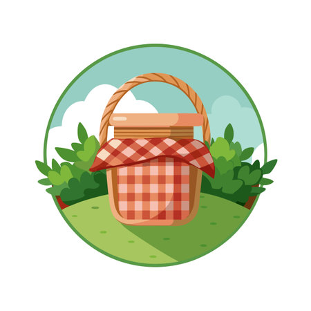Cartoon picnic basket with red gingham cloth against a green hill and blue sky backdropのイラスト素材