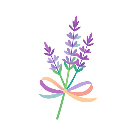 Delicate lavender bouquet tied with pastel ribbon isolated on white background, minimal styleのイラスト素材
