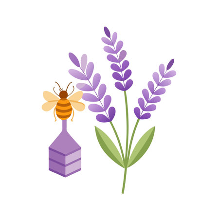 Vector illustration of lavender flowers with a bee on a vase, isolated on white backgroundのイラスト素材