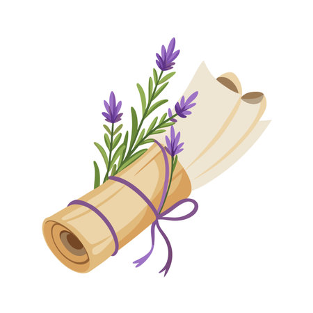 Rolled Parchment Scroll Tied with Lavender Sprigs - Elegant Stationery Design Elementのイラスト素材