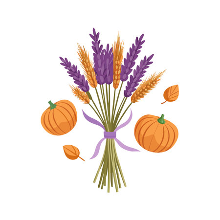 Autumnal Bouquet with Pumpkins and Wheat Stalks for Seasonal Celebrationsのイラスト素材